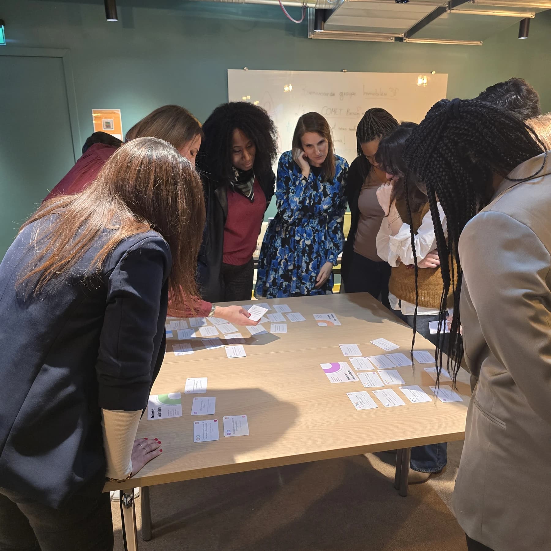 Participants à une formation achats autour de cartes de jeu pédagogiques